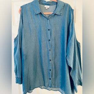 Women’s Blue Denim Jean Cold Shoulder Shirt Plus 22/24W